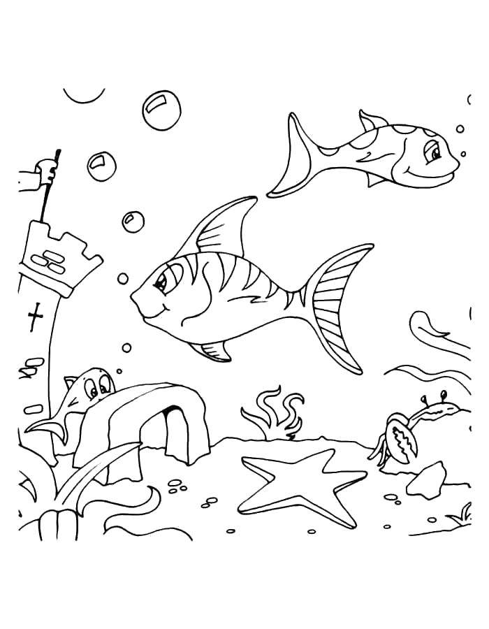 Название: Раскраска Рыбы плавают возле подводного замка. Категория: рыбы. Теги: Подводный мир, рыба, замок, кораллы, краб.