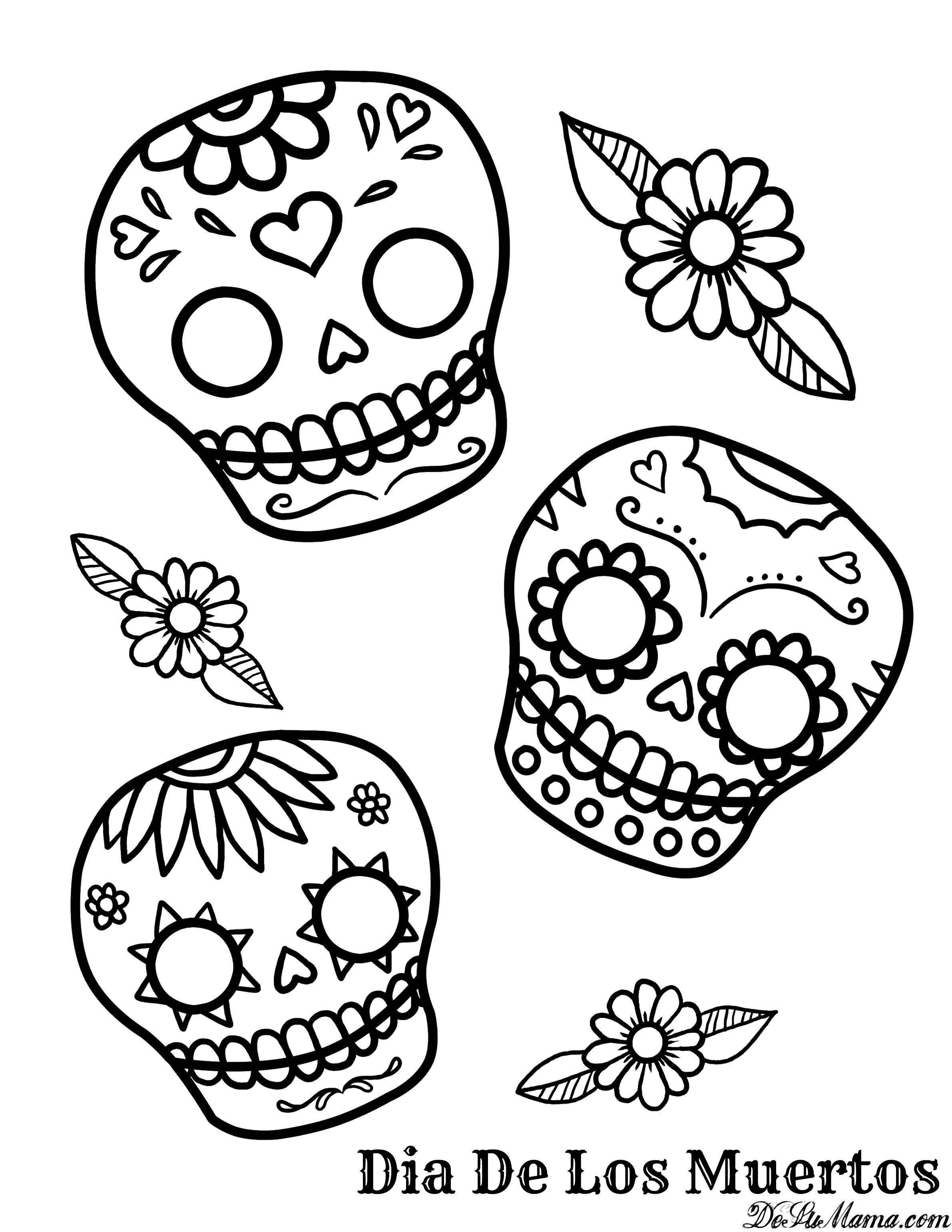 Coloring Three beautiful skull. Category Skull. Tags:  skull, patterns, flowers.