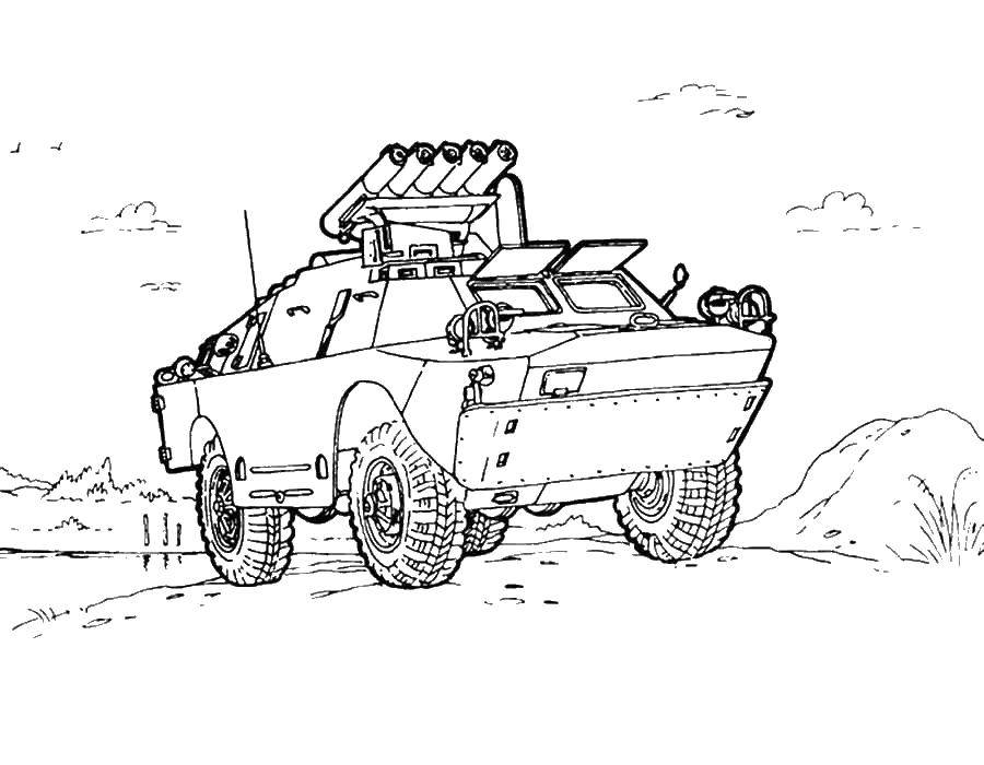 Coloring Military vehicle with guns. Category military. Tags:  War machine, machine guns.