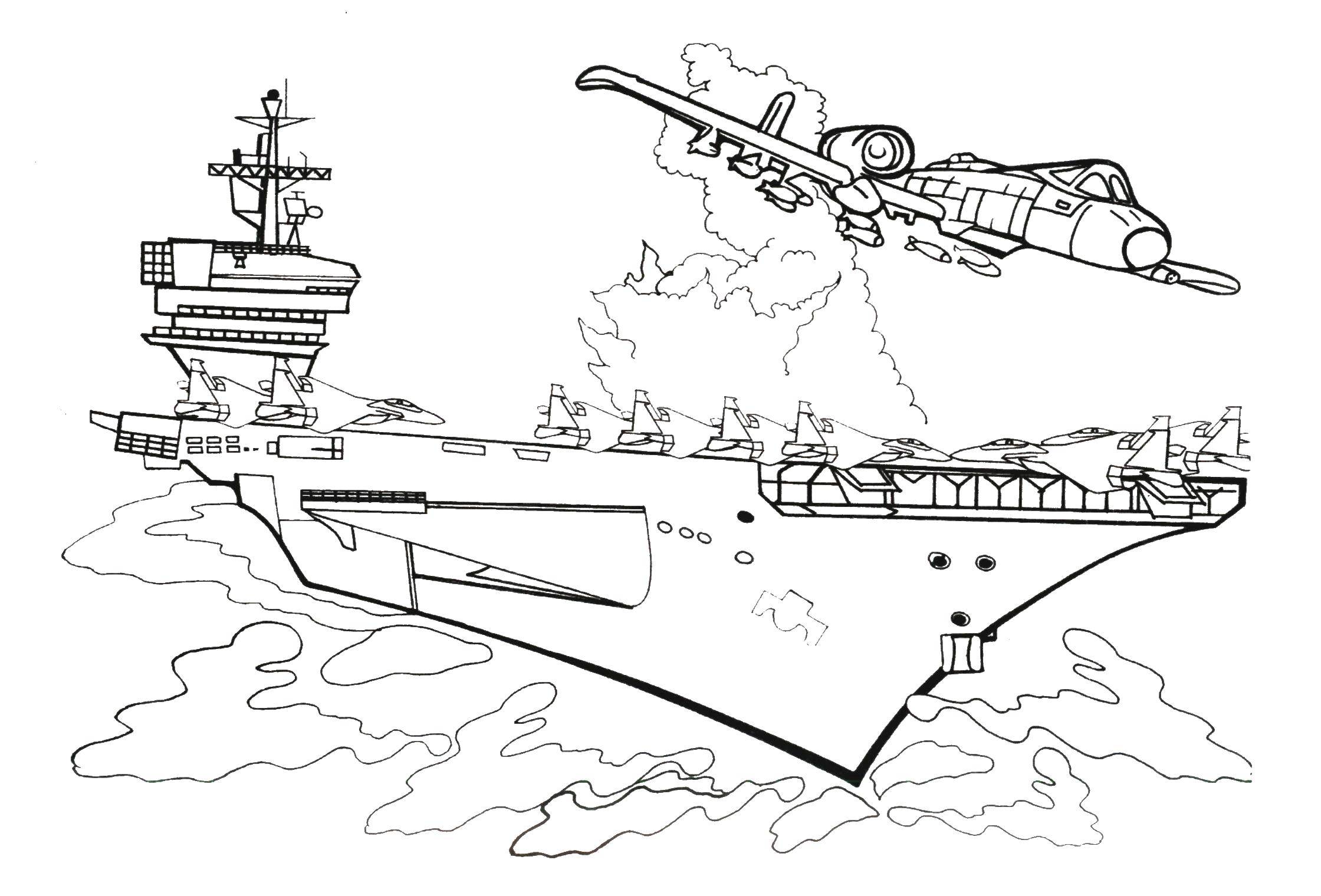 Coloring Military ship and the plane. Category military. Tags:  war, airplane, ship.