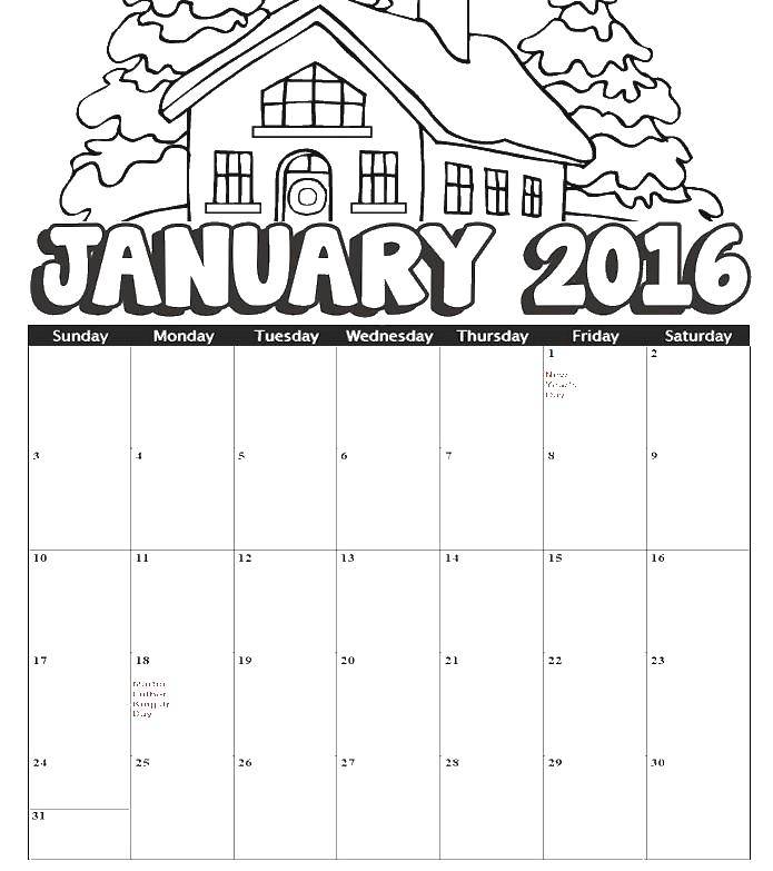 Название: Раскраска Январь 2016. Категория: Календарь. Теги: календарь, январь.