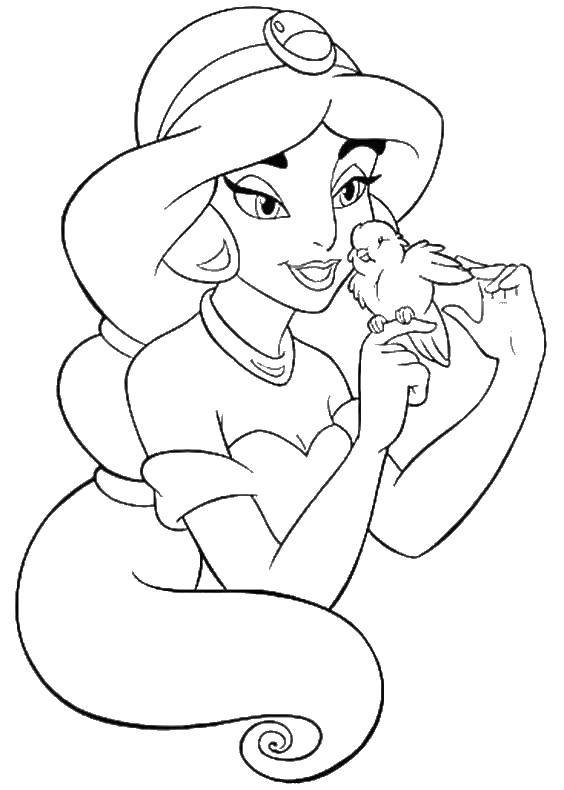 Название: Раскраска Жасмин с птичкой. Категория: Принцессы. Теги: принцессы, Жасмин.