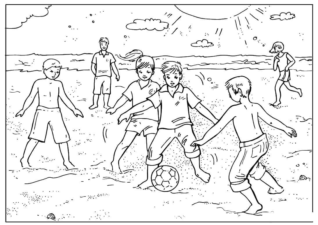 Розмальовки  Діти грають пляжний футбол. Завантажити розмальовку спорт, пляжний футбол, діти.  Роздрукувати ,спорт,