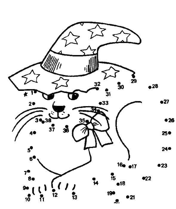 Розмальовки  Кіт у капелюсі. Завантажити розмальовку намалюй за цифрами, кішка, .  Роздрукувати ,намалюй за цифрами,