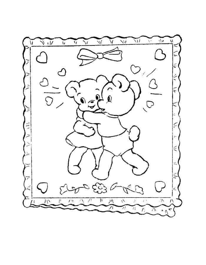 Розмальовки  Листівка з двома ведмедиками. Завантажити розмальовку день святого валентина, ведмедики, сердечка, любов.  Роздрукувати ,день святого валентина,
