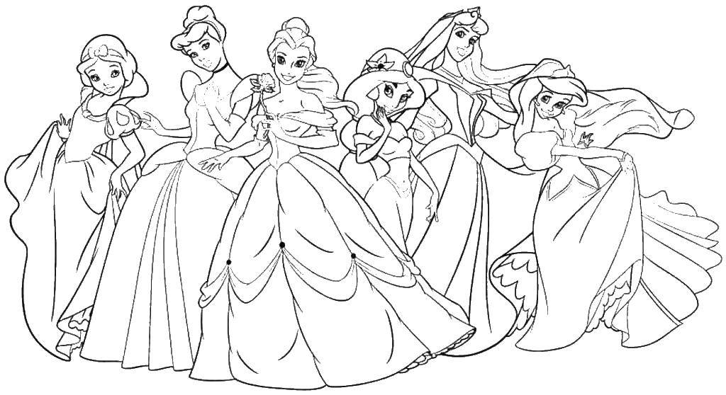 Раскраска Принцессы диснея в пышных платьях Скачать ,принцессы, мультфильмы, сказки, Дисней,.  Распечатать 