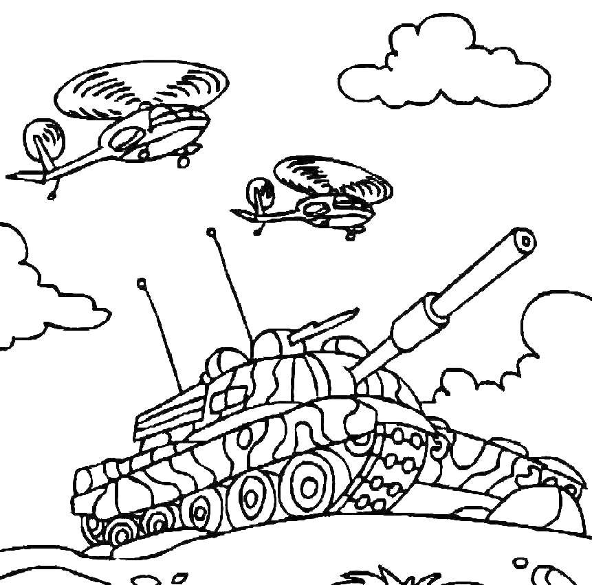 Опис: розмальовки  Танк і вертольоти. Категорія: танки. Теги:  Танк, транспорт, техніка, вертольоти.