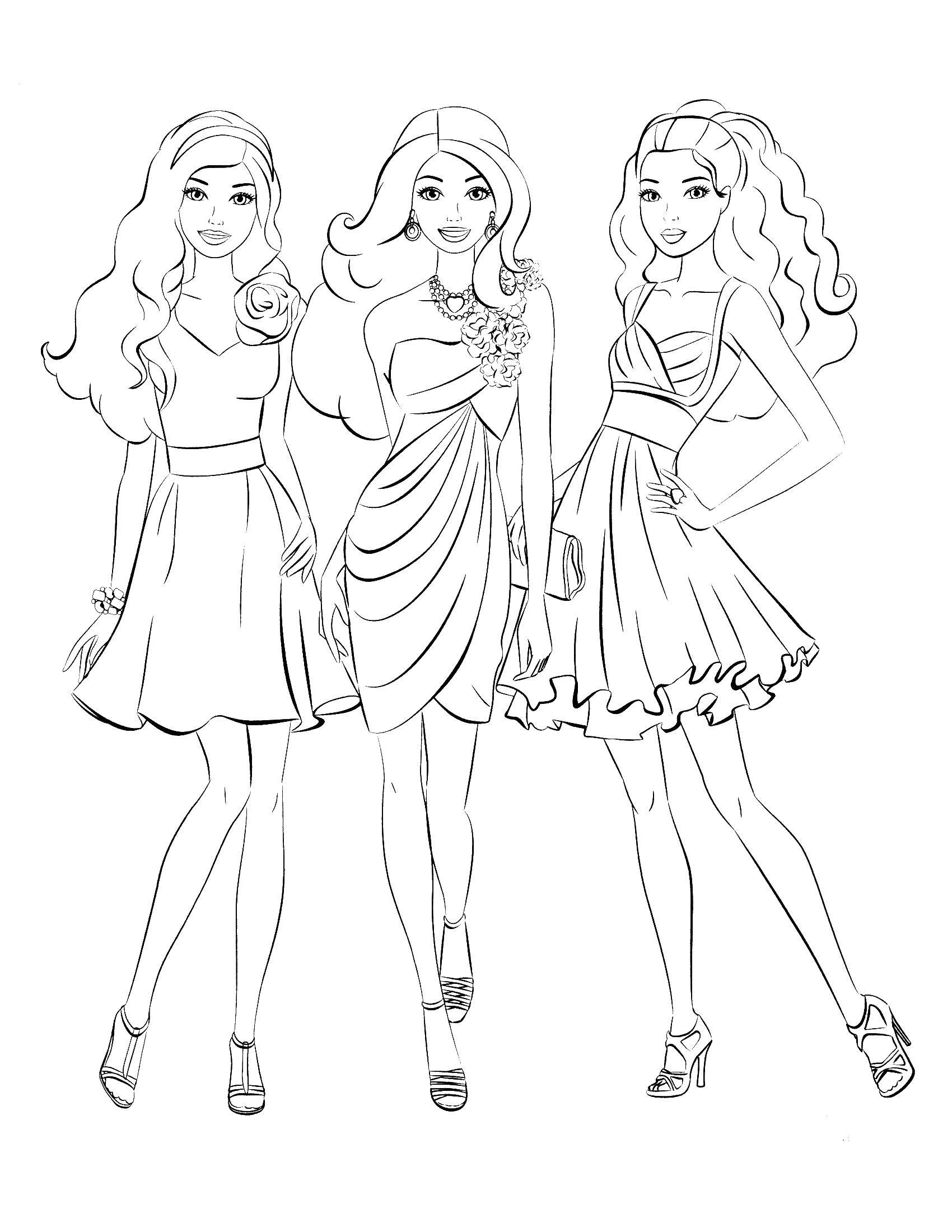 Розмальовки  Три барбі в танцювальних сукнях. Завантажити розмальовку барбі, плаття, дівчата.  Роздрукувати ,Барбі,