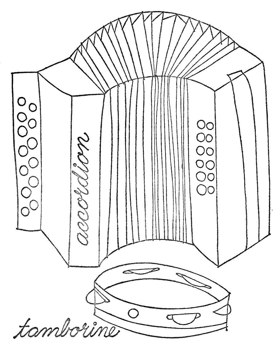 Coloring The accordion and tambourine. Category musical instruments . Tags:  musical instruments, accordion, tambourine.