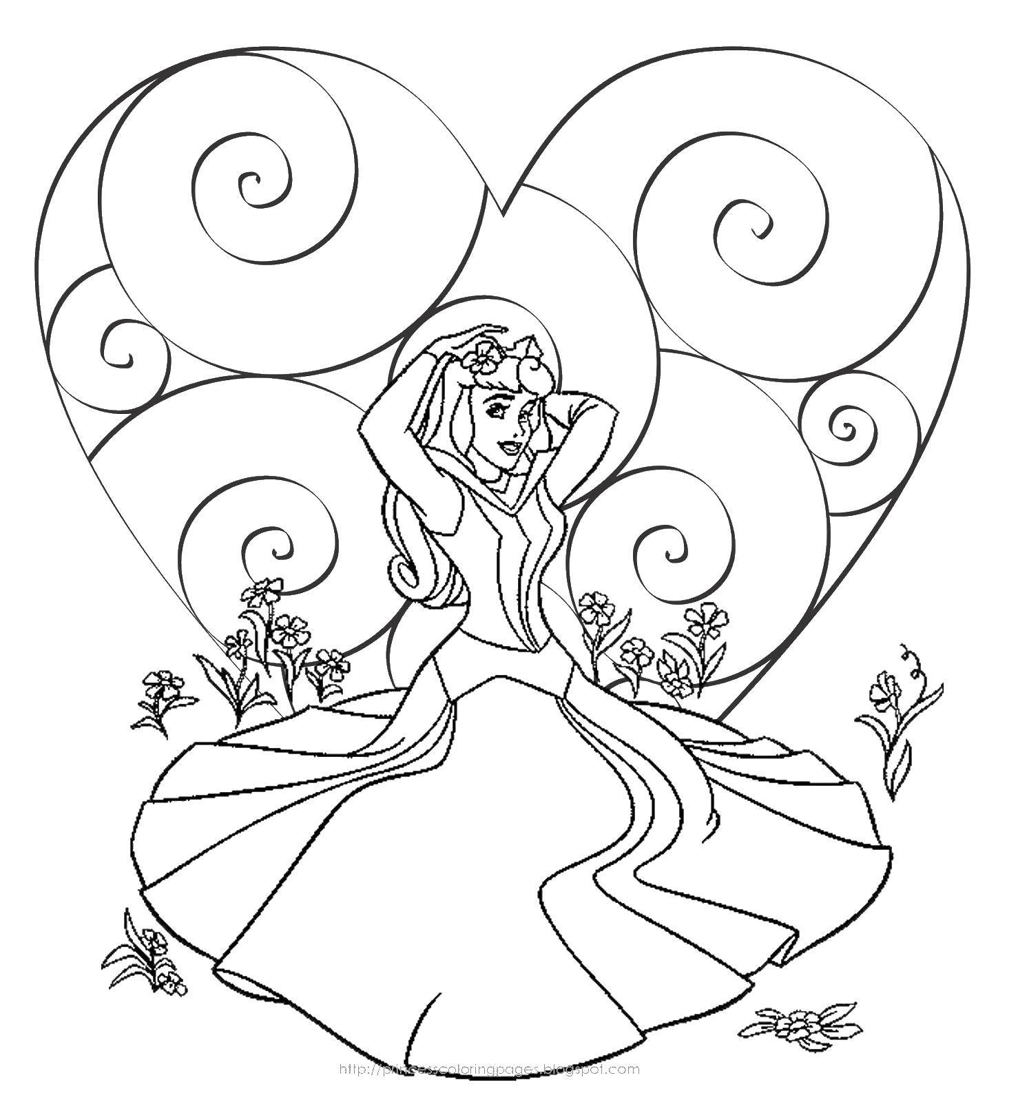 Название: Раскраска Аврора. Категория: Принцессы. Теги: принцесса, Аврора, сердце, цветы.