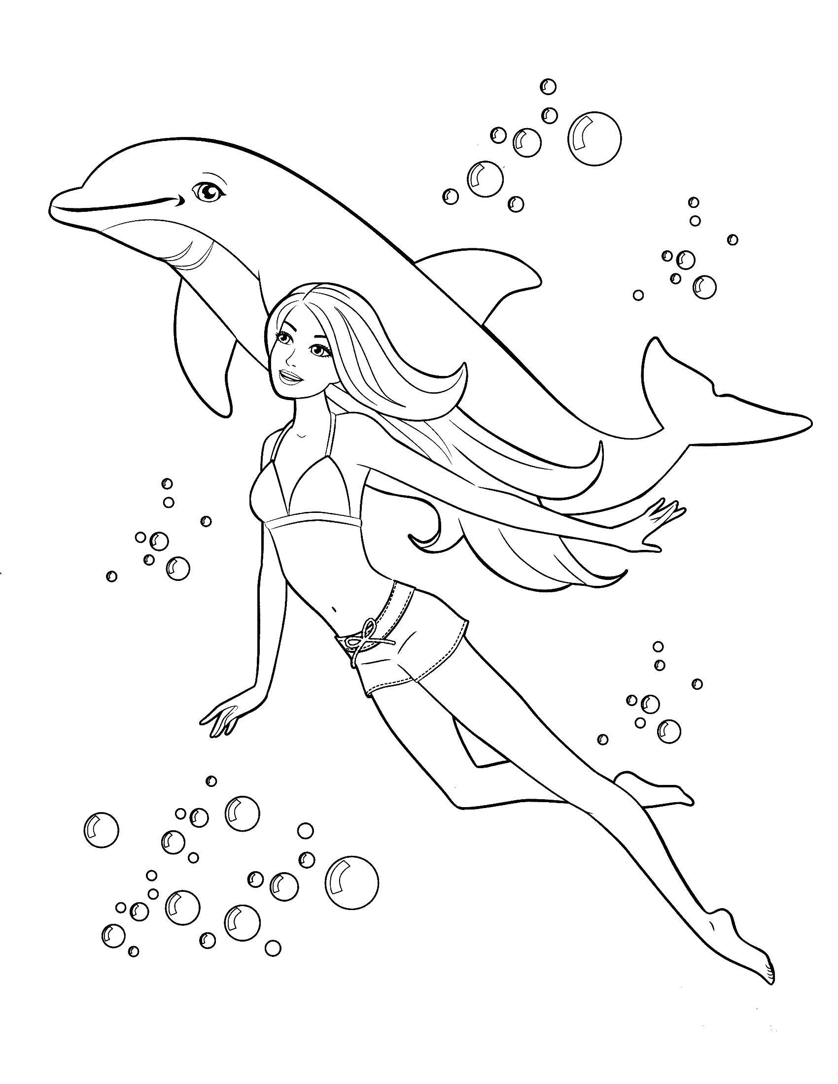 Название: Раскраска Барби плавает с дельфином. Категория: Барби. Теги: барби, для девочек, море, делфины.