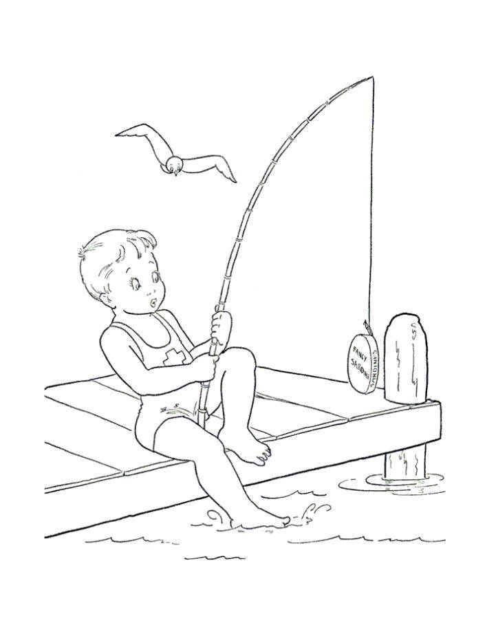 Название: Раскраска Чайка пролетает мимо рыбачащего мальчика. Категория: отдых. Теги: Отдых, рыбалка, чайка.