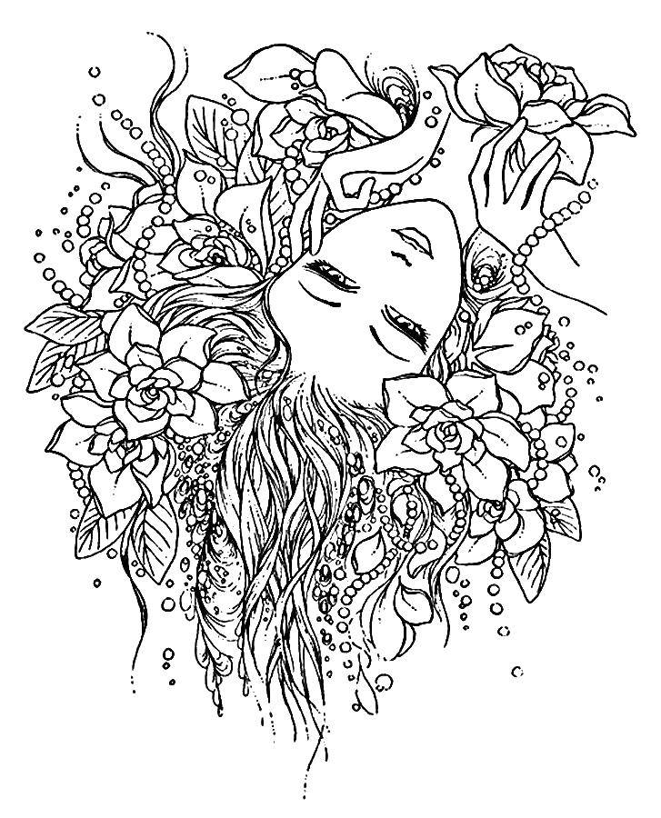 Название: Раскраска Девушка и цветы. Категория: раскраски антистресс. Теги: девушка, цветы, бусы.