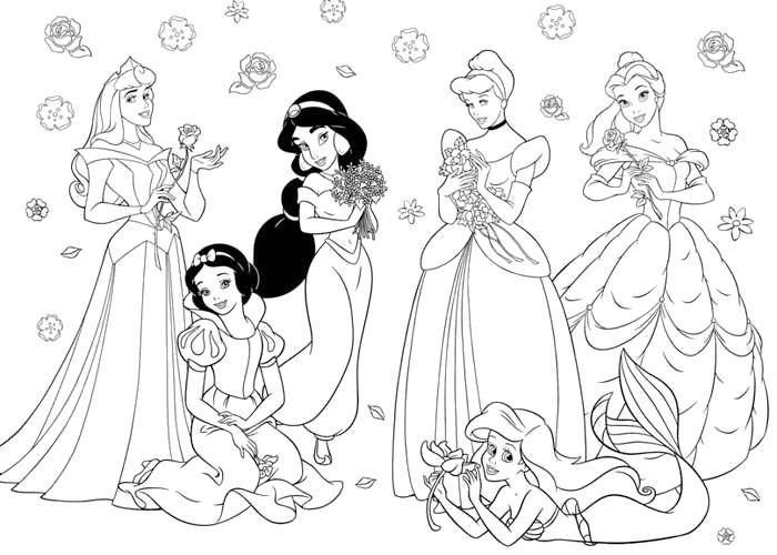 Название: Раскраска Диснеевские принцессы. Категория: Принцессы. Теги: мультфильмы, Диснеевские принцессы, Дисней.