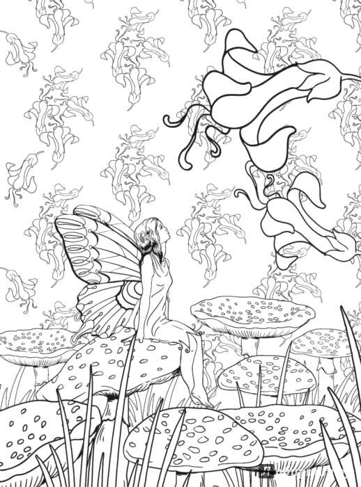 Coloring Fairy sitting on mushrooms. Category coloring antistress. Tags:  Bathroom with shower.