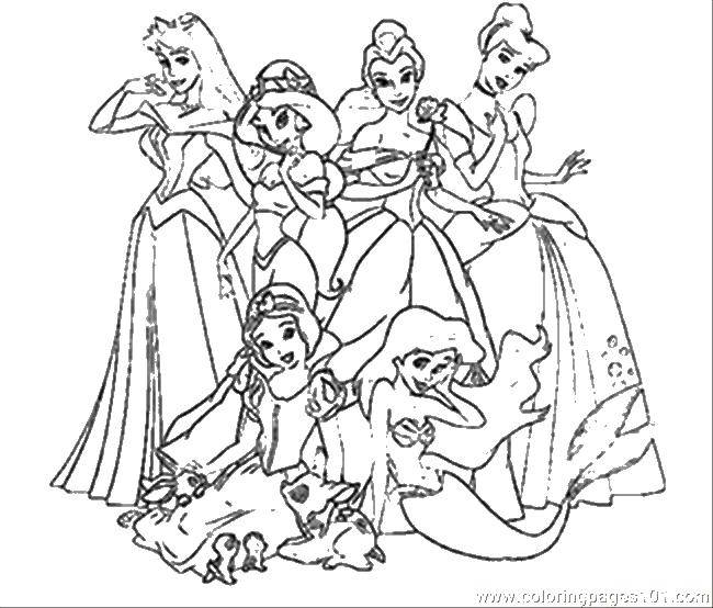Название: Раскраска Героини мультфильмов диснея. Категория: Принцессы. Теги: Жасмин, Золушка, Ариэль, Белоснежка.