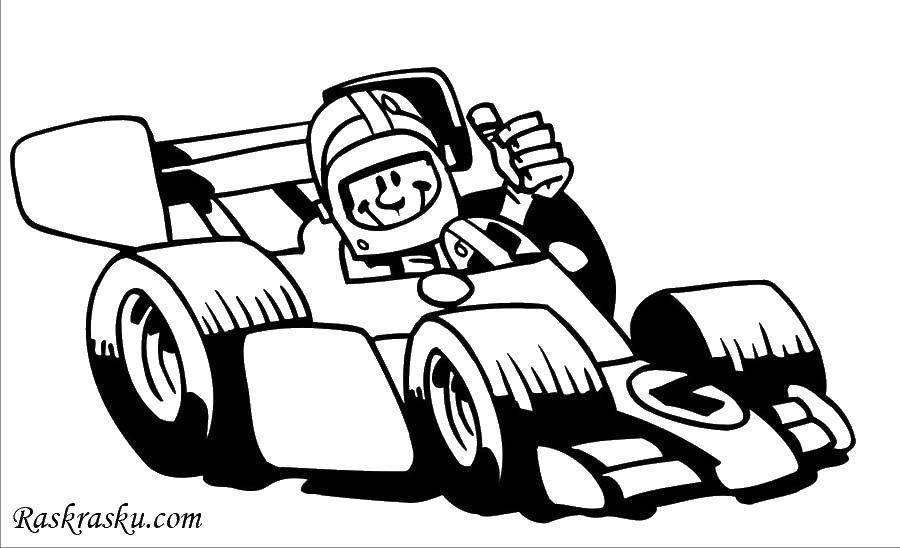 Название: Раскраска Гонщик на гоночном автомобиле. Категория: спорт. Теги: гонка, гонщик, гоночный автомобиль.