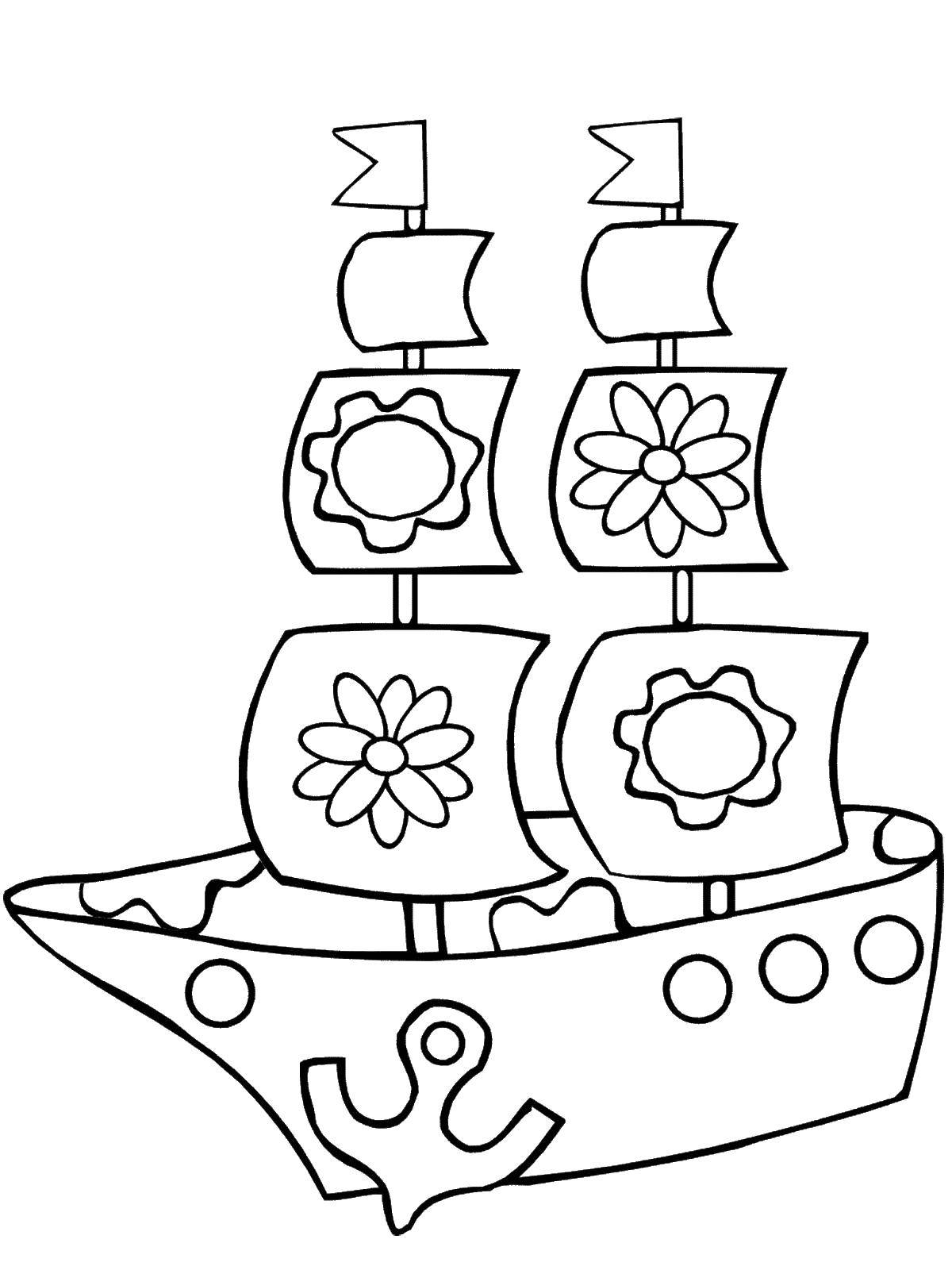 Название: Раскраска Корабль с парусами. Категория: игрушки. Теги: корабль, паруса, якорь, цветы.