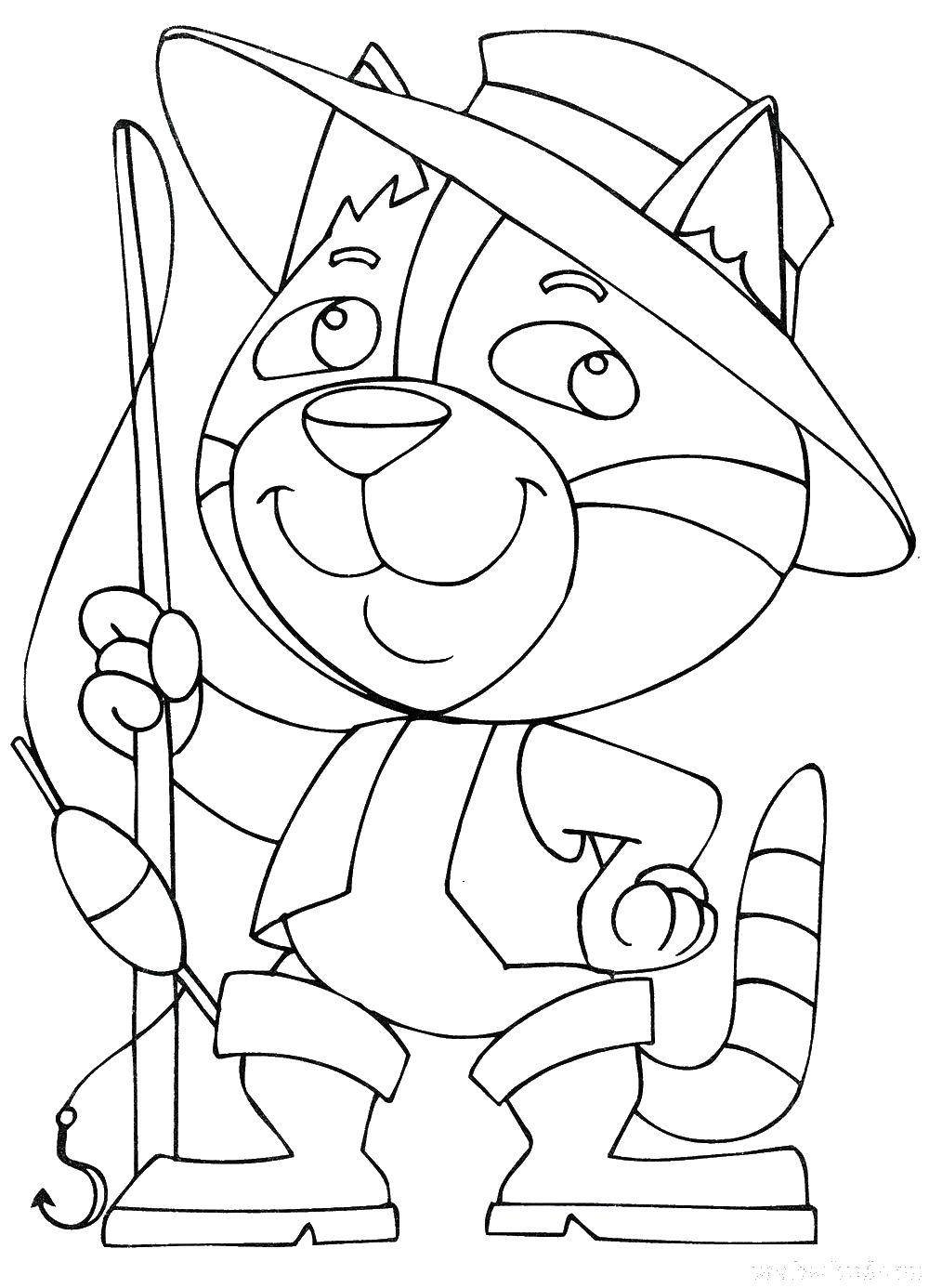 Название: Раскраска Кот с удочкой. Категория: отдых. Теги: кот, рыба, ловля, удочка.