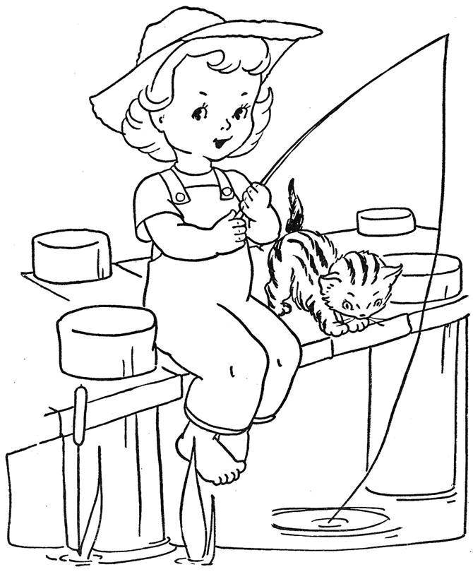 Название: Раскраска Котенок наблюдает за тем, как девочка рыбачит. Категория: отдых. Теги: Отдых, рыбалка, девочка, котенок.
