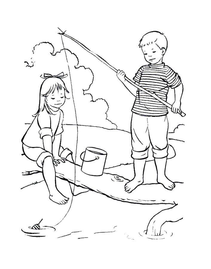 Coloring Boy and girl fishing. Category children. Tags:  children, boy and girl, fish, fishing.