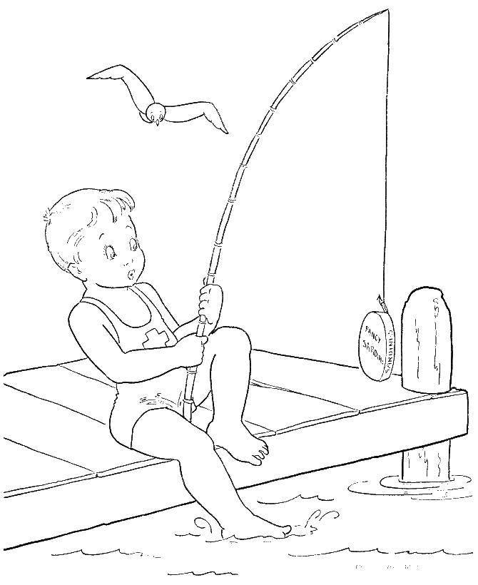 Название: Раскраска Мальчик на пирсе ловит рыбу. Категория: дети. Теги: дети, мальчик, рыба, ловля.