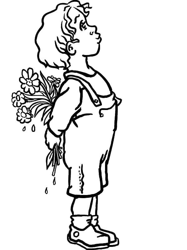 Название: Раскраска Мальчик с цветами за спиной. Категория: дети. Теги: дети, мальчик, цветы.
