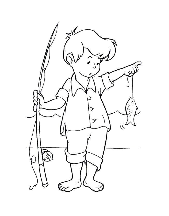 Название: Раскраска Мальчик с удочкой и с рыбкой в руках. Категория: рыбы. Теги: рыба, ловля, отдых, мальчик.