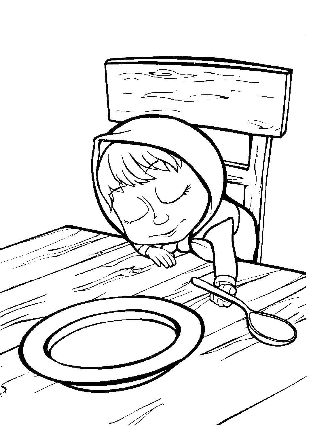 Название: Раскраска Маша уснула за столом с ложкой. Категория: маша и медведь. Теги: Маша, Медведь.