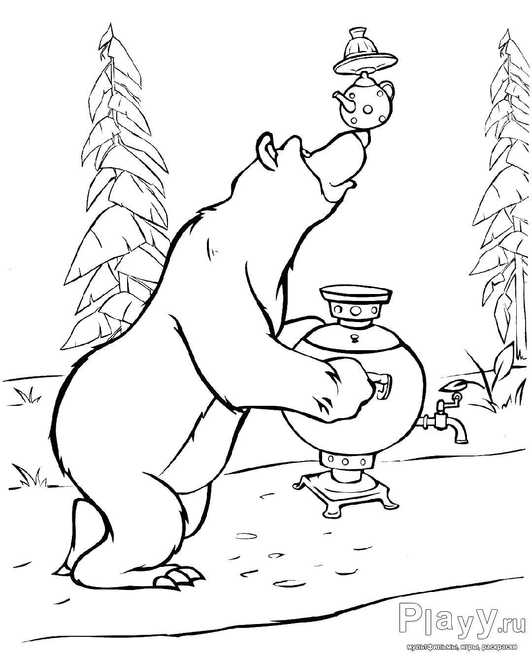 Coloring Bear and samovar. Category Masha and the bear. Tags:  Masha and the bear, cartoons, tales, bear.