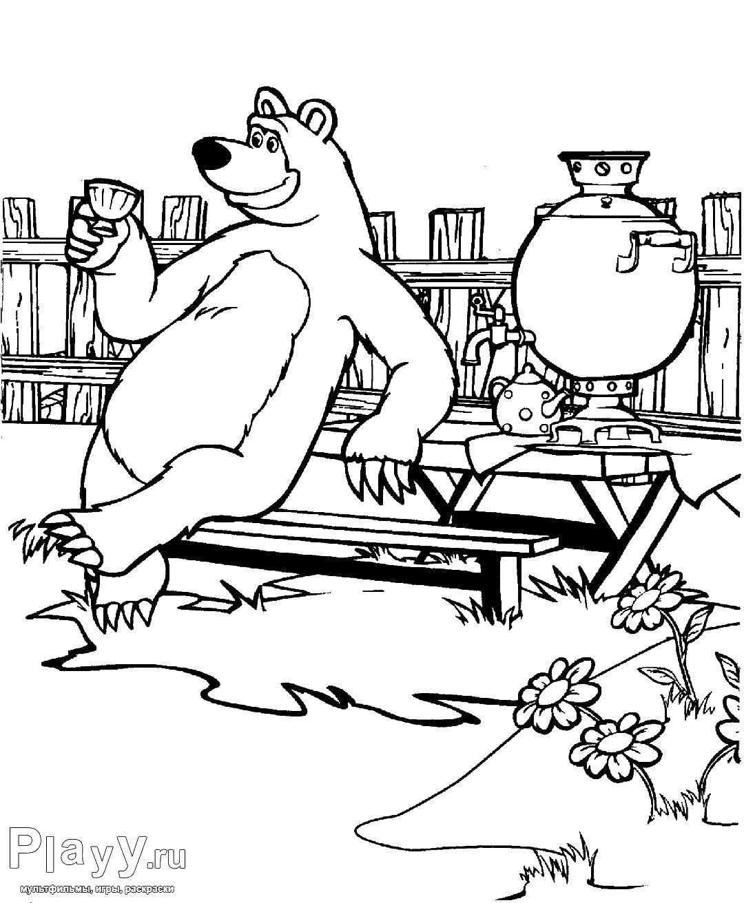 Название: Раскраска Медведь у самовара. Категория: маша и медведь. Теги: маша и медведь, мультфильмы, сказки.