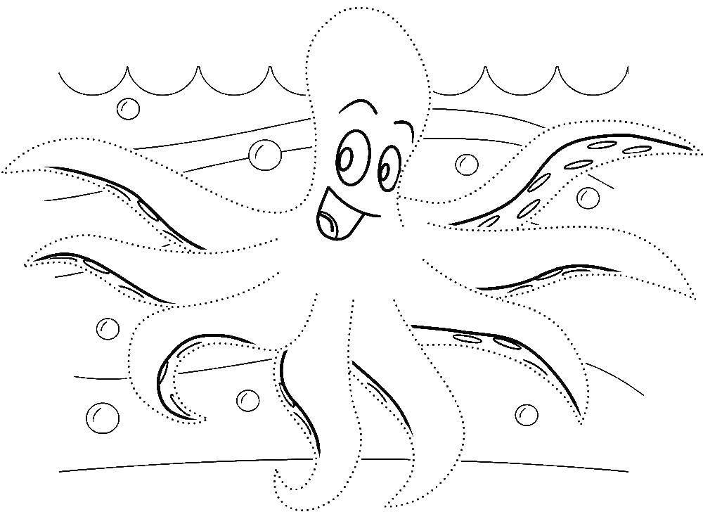 Название: Раскраска Обведи по контуру и раскрась веселого осьминога. Категория: дорисуй по образцу. Теги: Подводный мир, осьминог.
