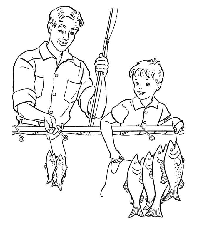 Название: Раскраска Папа учит сына рыбачить. Категория: отдых. Теги: Отдых, рыбалка, отец, сын, рыба.