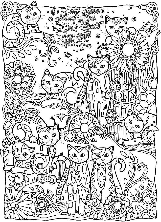 Название: Раскраска Поляна с кошками и котятами. Категория: раскраски антистресс. Теги: раскраски, антистресс, кошка.