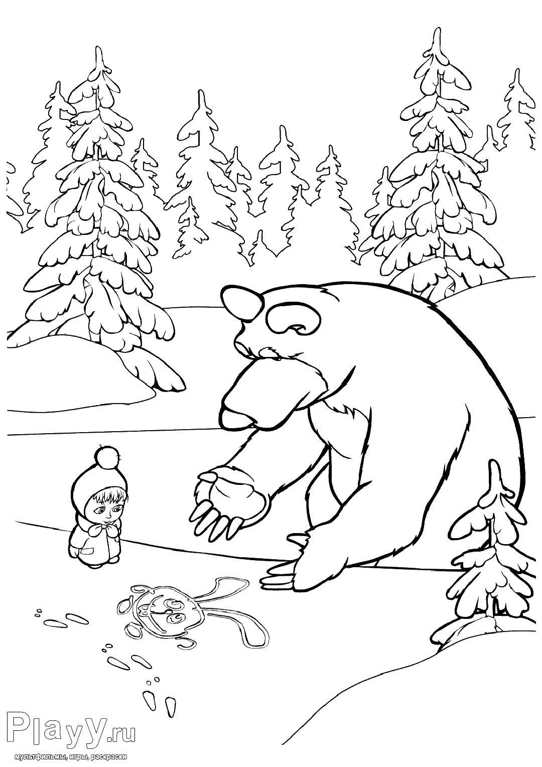 Название: Раскраска Рисунки на снегу. Категория: маша и медведь. Теги: Персонаж из мультфильма.