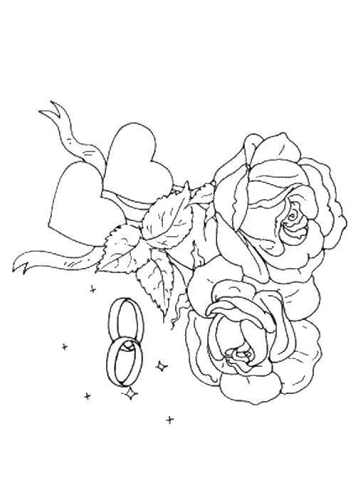Название: Раскраска Розы и кольца. Категория: Свадьба. Теги: розы, сердце, кольца.