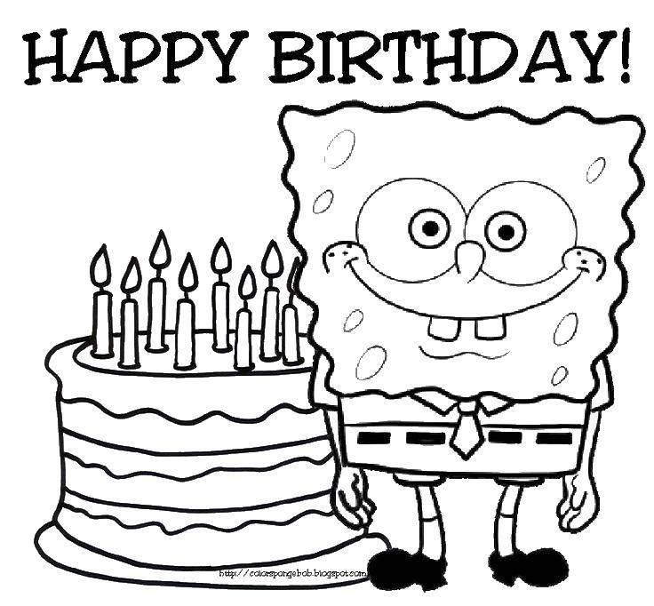 Coloring Happy birthday, card with sponge Bob. Category Spongebob. Tags:  The spongebob, postcard, birthday.