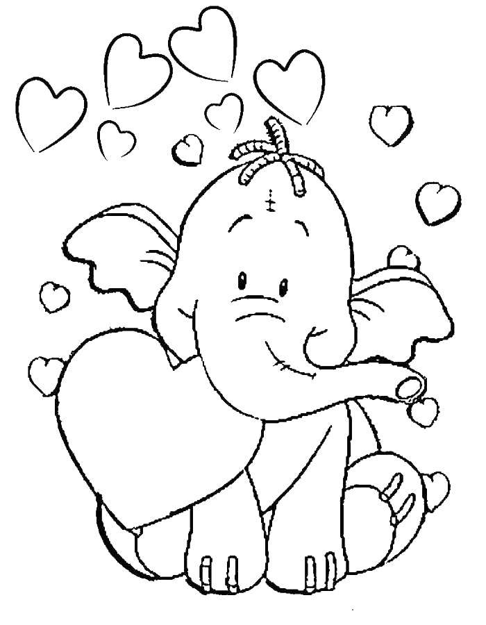 Coloring Слоник и сердечки. Category день святого валентина. Tags:  слоник, сердечки, день святого валентина.