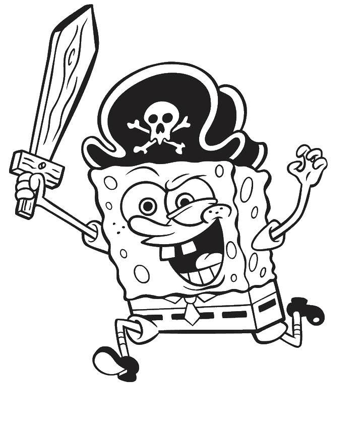 Coloring Spongebob in a pirate hat. Category Spongebob. Tags:  spach Bob, hat, skull, dagger.
