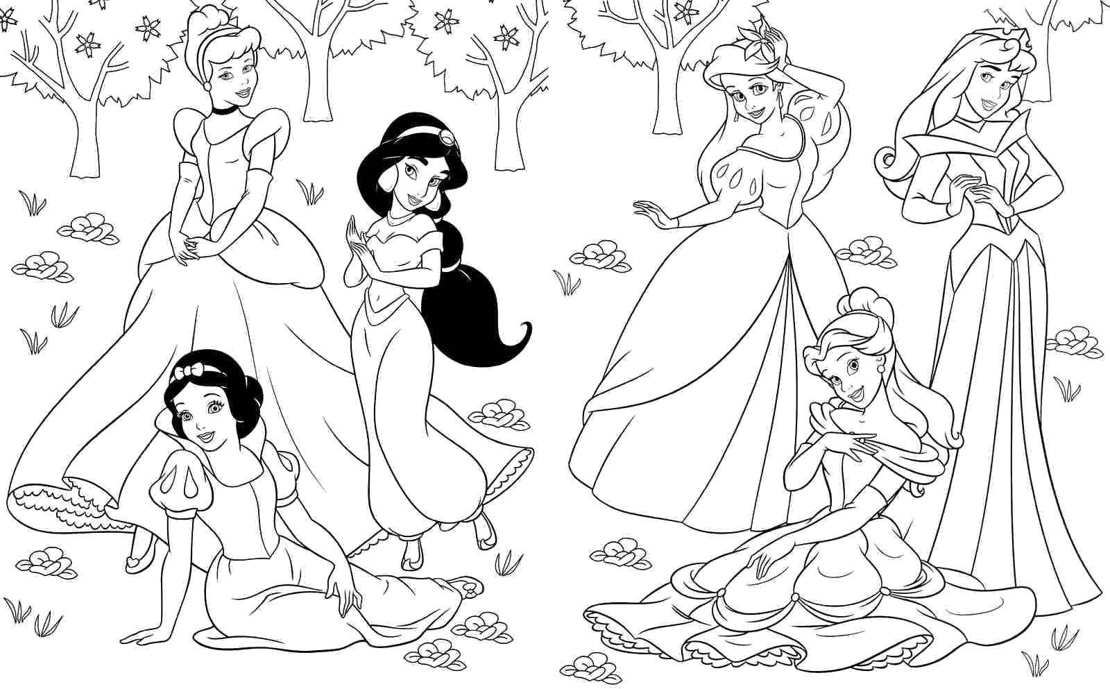 Coloring Sleeping beauty, Belle, Cinderella, Jasmine, Ariel and snow white. Category Disney cartoons. Tags:  Disney, Princess.