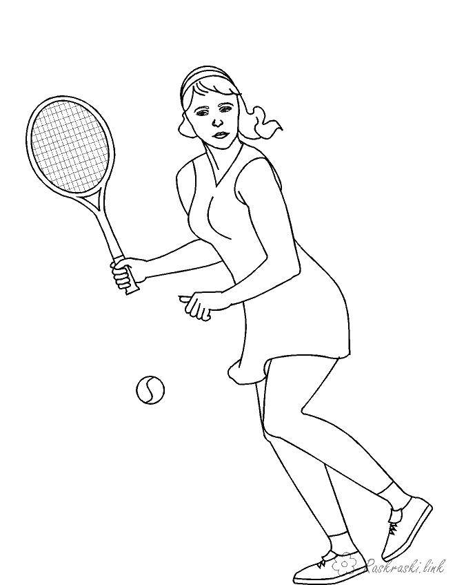 Название: Раскраска Теннисистка играет в теннис. Категория: спорт. Теги: спорт, теннис.