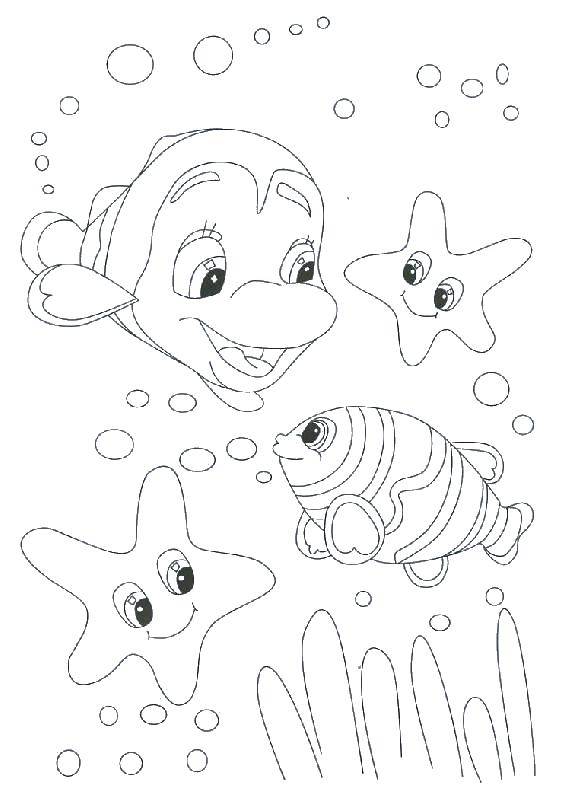 Название: Раскраска Улыбающиеся рыбки плавают с морскими звездами. Категория: рыбы. Теги: Подводный мир, рыба, морская звезда.