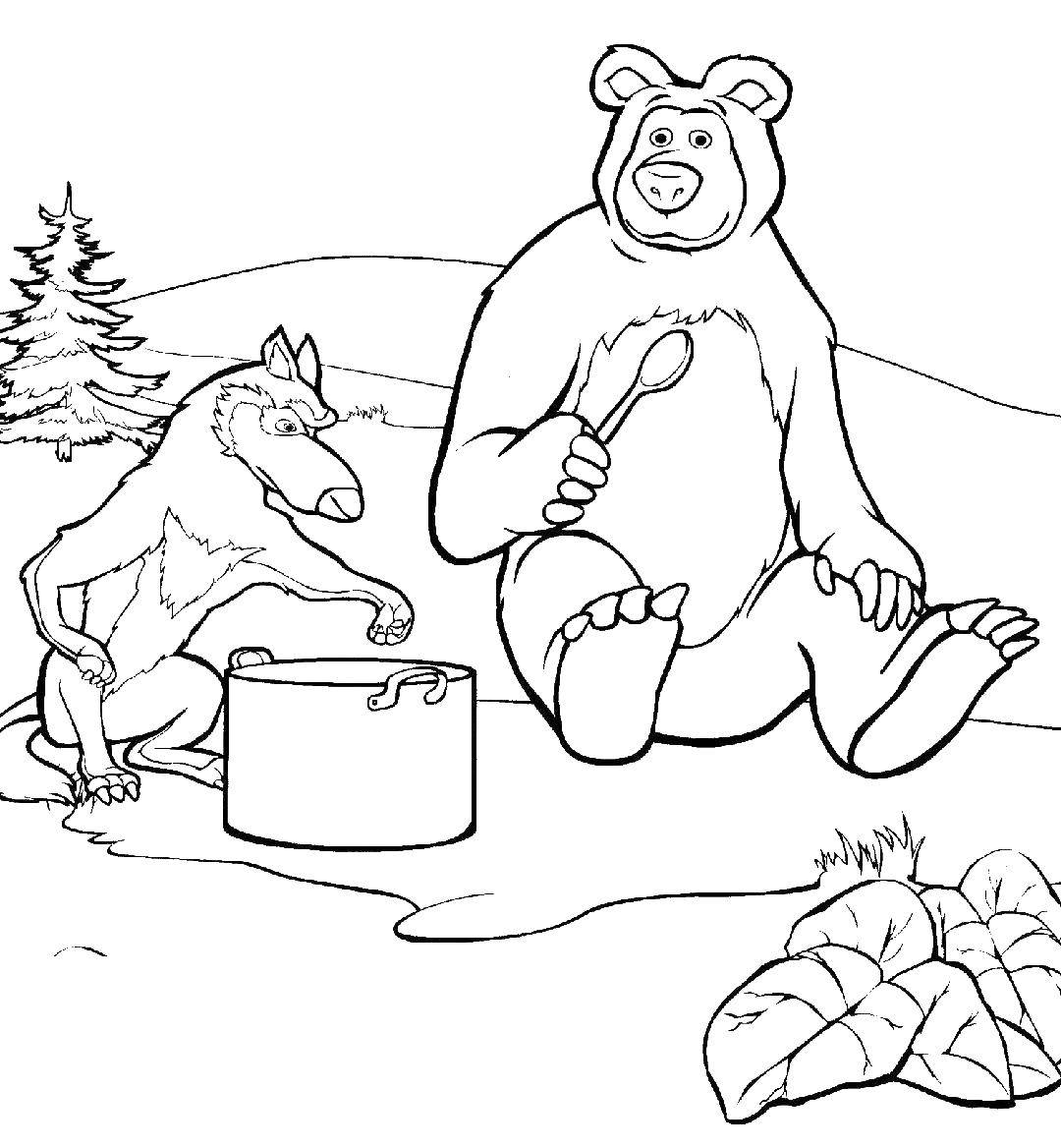 Название: Раскраска Волк и медведь кушают кашу. Категория: маша и медведь. Теги: Маша, Медведь.