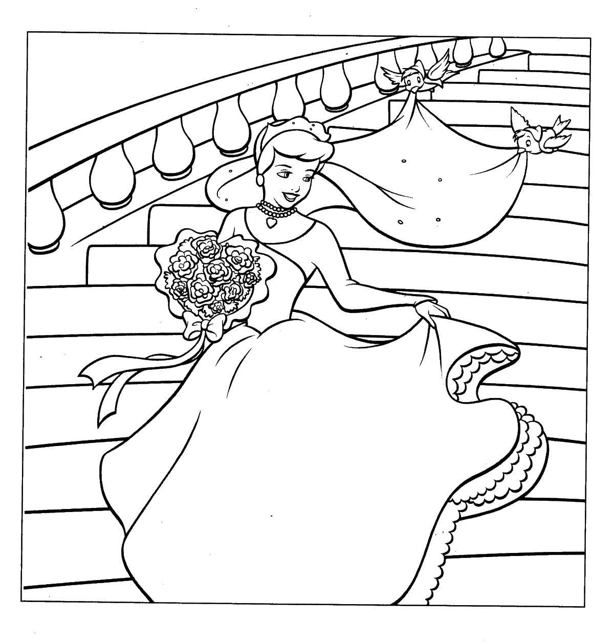 Coloring Cinderella and the birds. Category Princess. Tags:  Princesa, tale, girl, Cinderella.