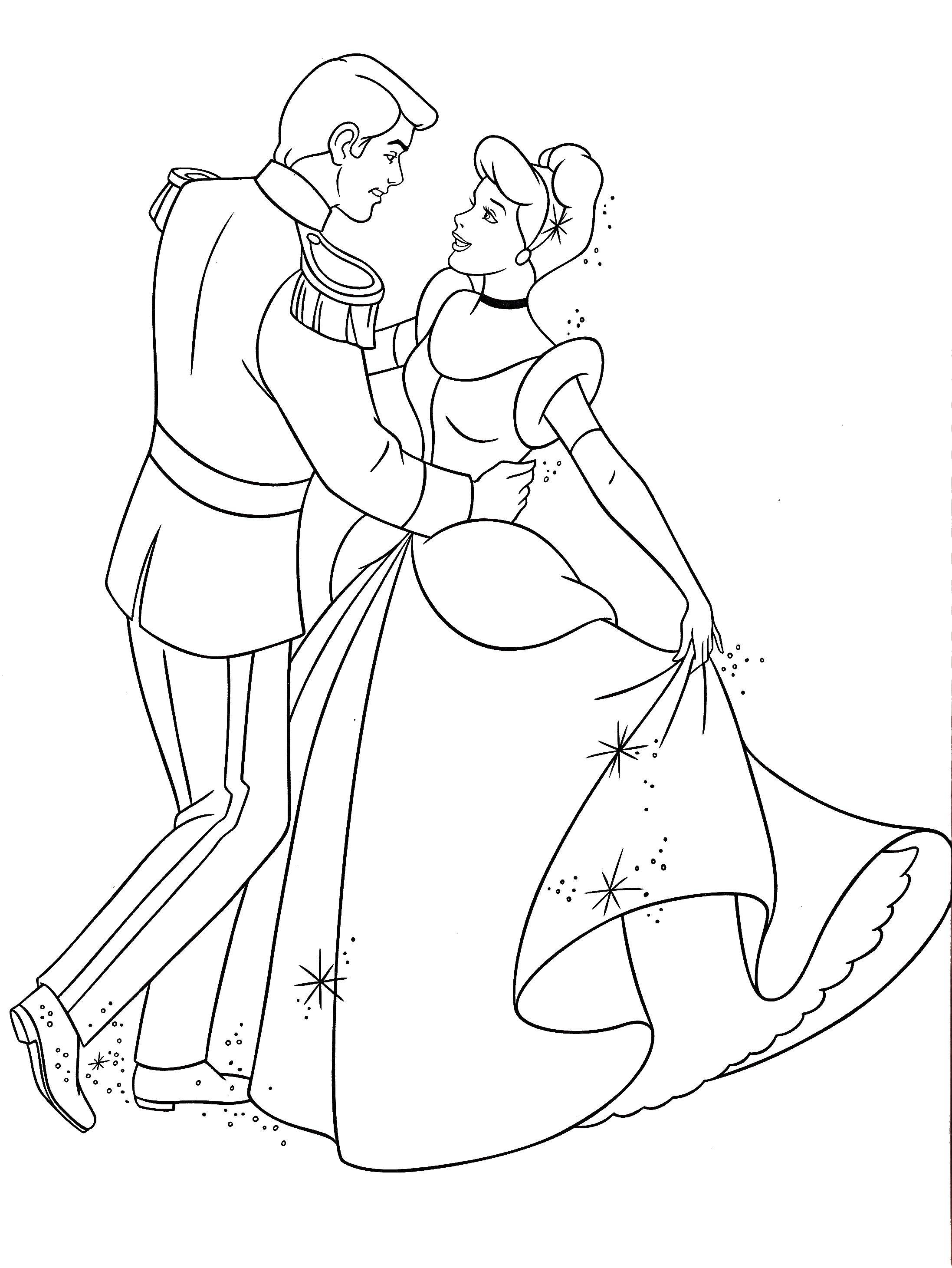 Coloring Cinderella dancing with the Prince. Category Princess. Tags:  princesses, cartoons, fairy tales, Cinderella.