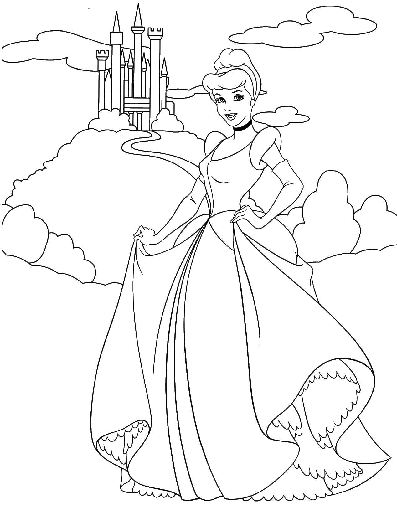 Название: Раскраска Золушка у замка. Категория: Принцессы. Теги: принцессы, мультфильмы, сказки, Золушка.