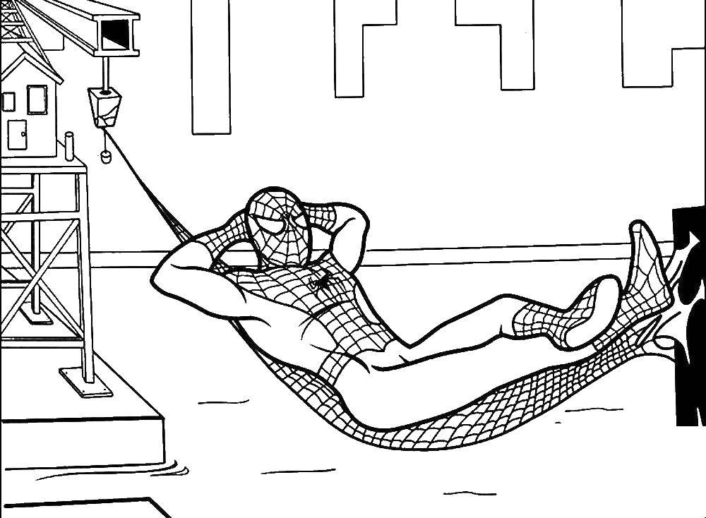 Розмальовки  Людина павук відпочиває на гамаку. Завантажити розмальовку Персонаж з мультфільму, Людина Павук, відпочинок.  Роздрукувати ,для хлопчиків,