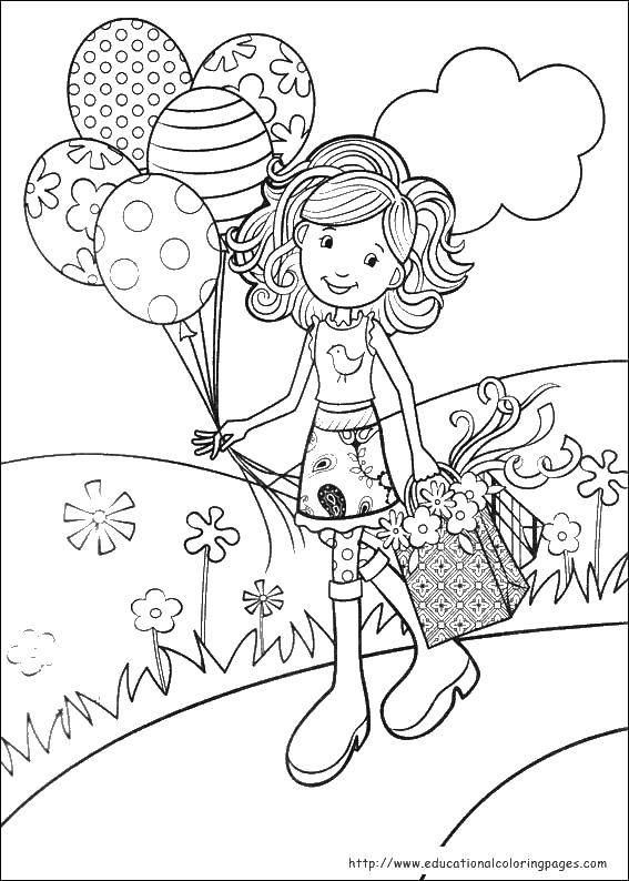 Розмальовки  Дівчинка з покупками і кульками. Завантажити розмальовку дівчинка, для дівчаток, кульки.  Роздрукувати ,Для дівчаток,