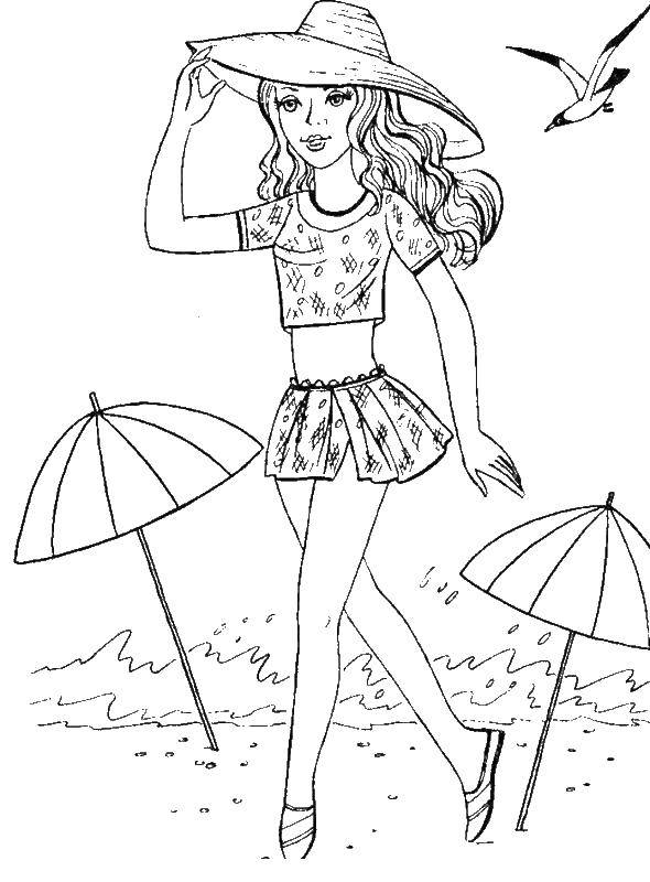 Розмальовки  Дівчина в капелюсі на пляжі. Завантажити розмальовку дівчина, пляж.  Роздрукувати ,Для дівчаток,