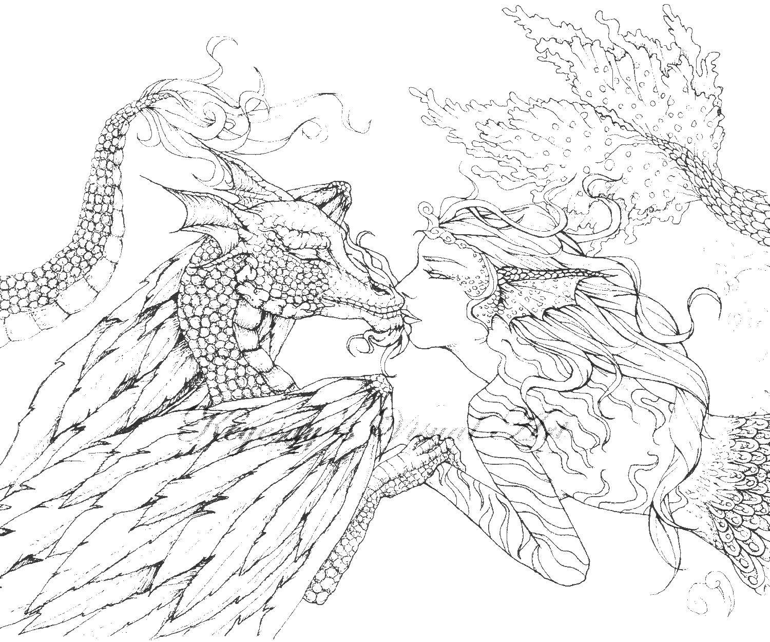 Розмальовки  Дракон і русалка. Завантажити розмальовку дракони, русалка.  Роздрукувати ,Для підлітків,